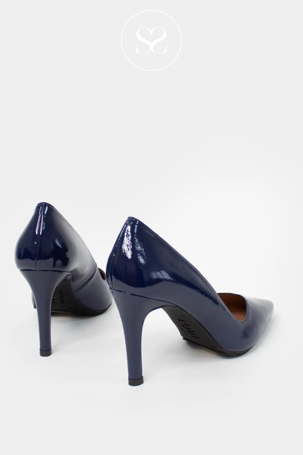 LODI NAVY PATENT HIGH HEEL POINTED TOE COURT SHOES 9 cm sculpted stiletto heel that’s elegant yet stable