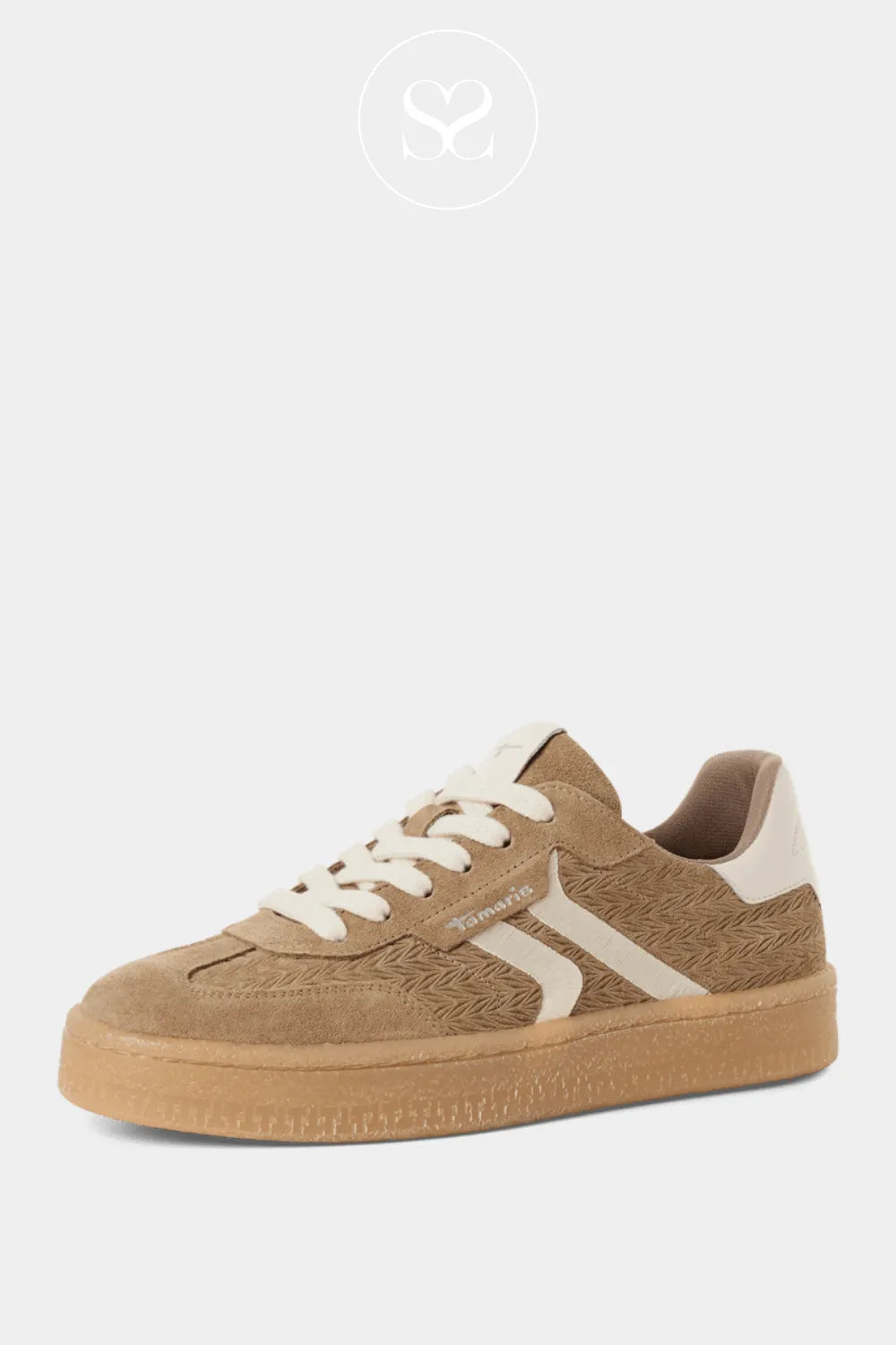 Tamaris Taupe and White Trainers - 1-23723-44 Taupe design with white stripe detailing for a polished, sporty touch