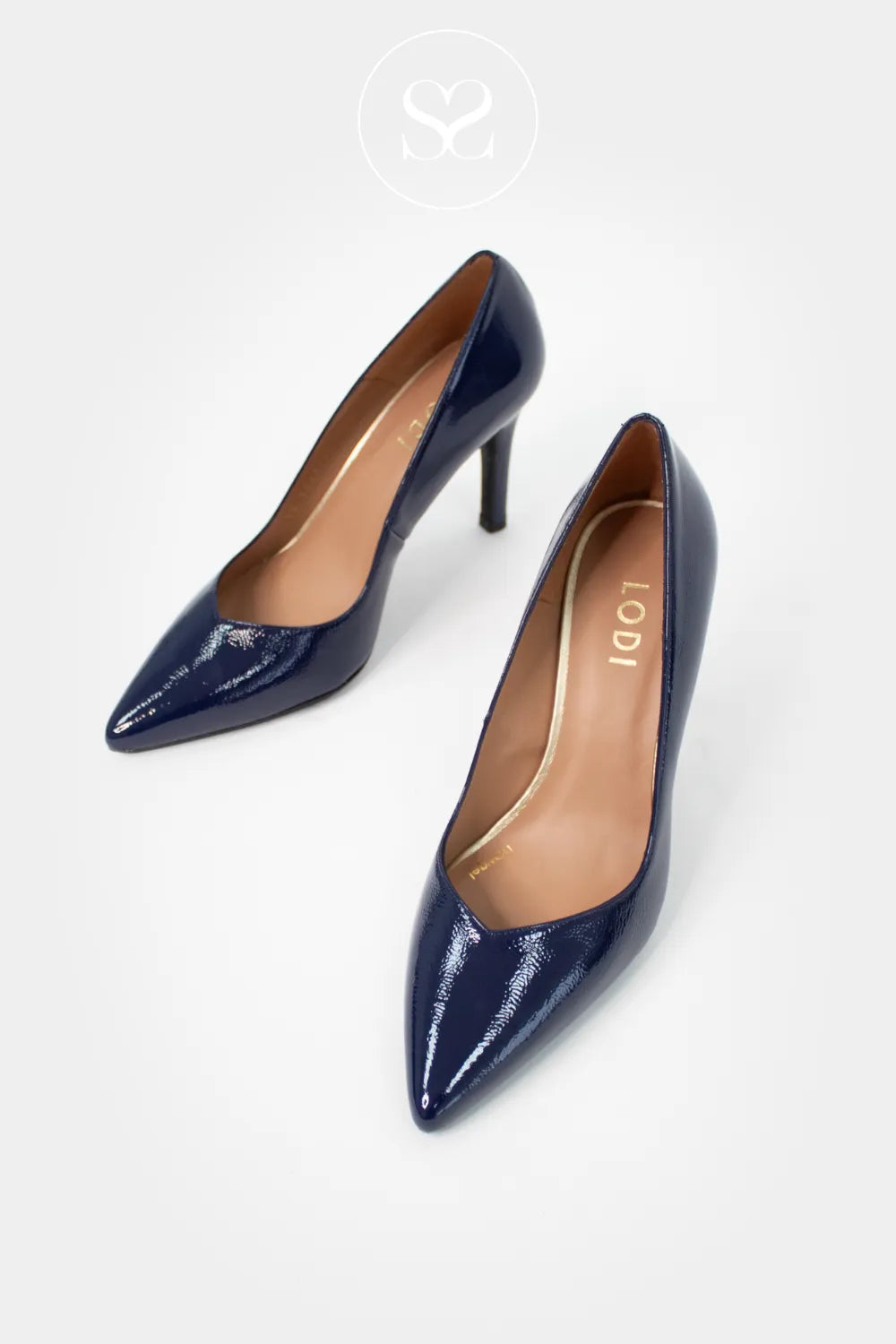 LODI NAVY PATENT HIGH HEEL POINTED TOE COURT SHOES Fully leather-lined for breathable, comfortable wear