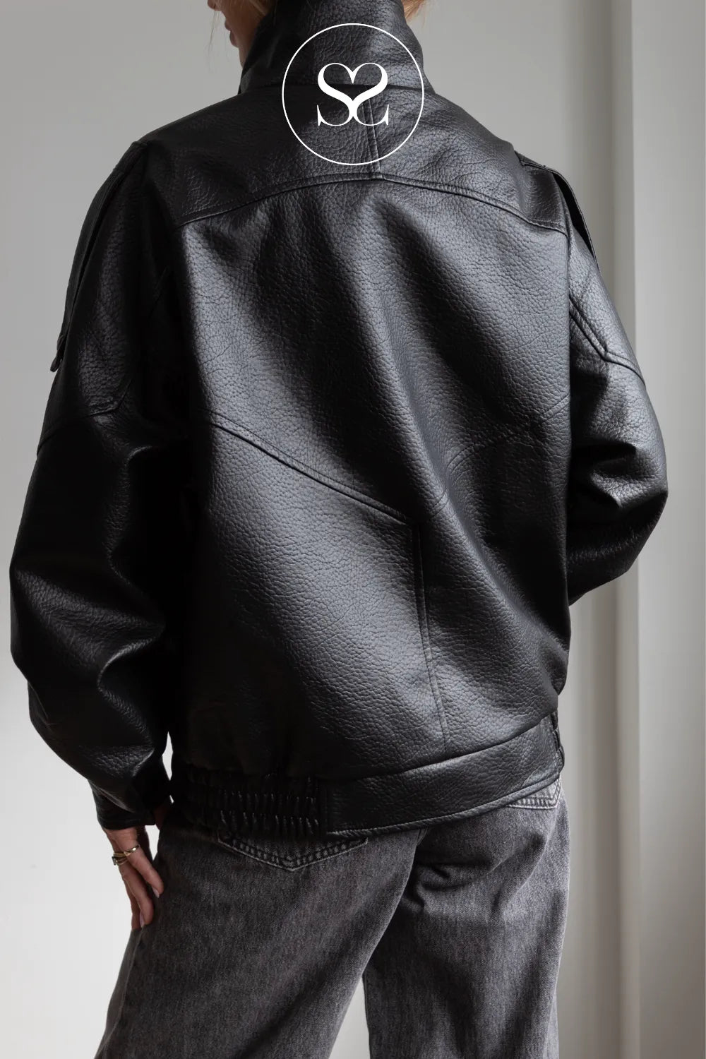 Black Funnel Neck Leather Jacket -CV2200