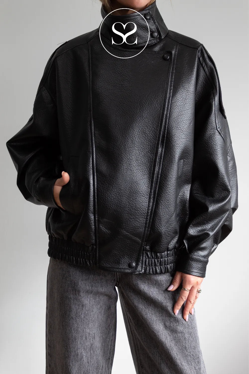Black Funnel Neck Leather Jacket -CV2200