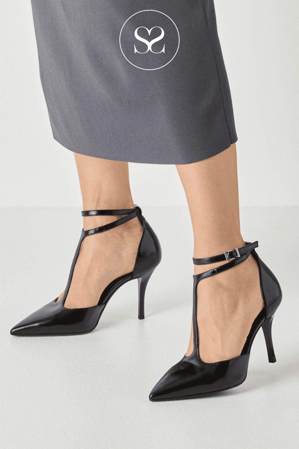 Black Leather Heels with a Wrap Around Ankle Strap for Women in Ireland