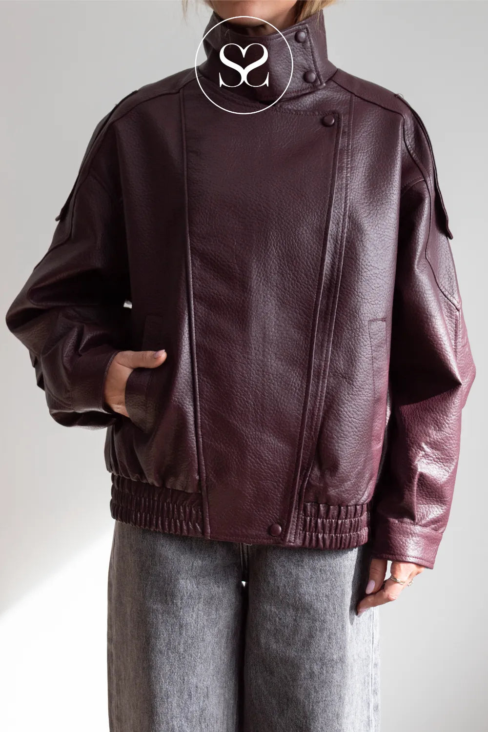Burgundy Funnel Neck Leather Jacket - CV2200