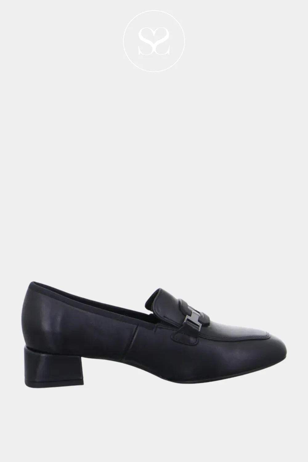 ARA BLACK LEATHER BLOCK HEEL LOAFER 12-20432 for women with soft leather inner and outer and classic block heel