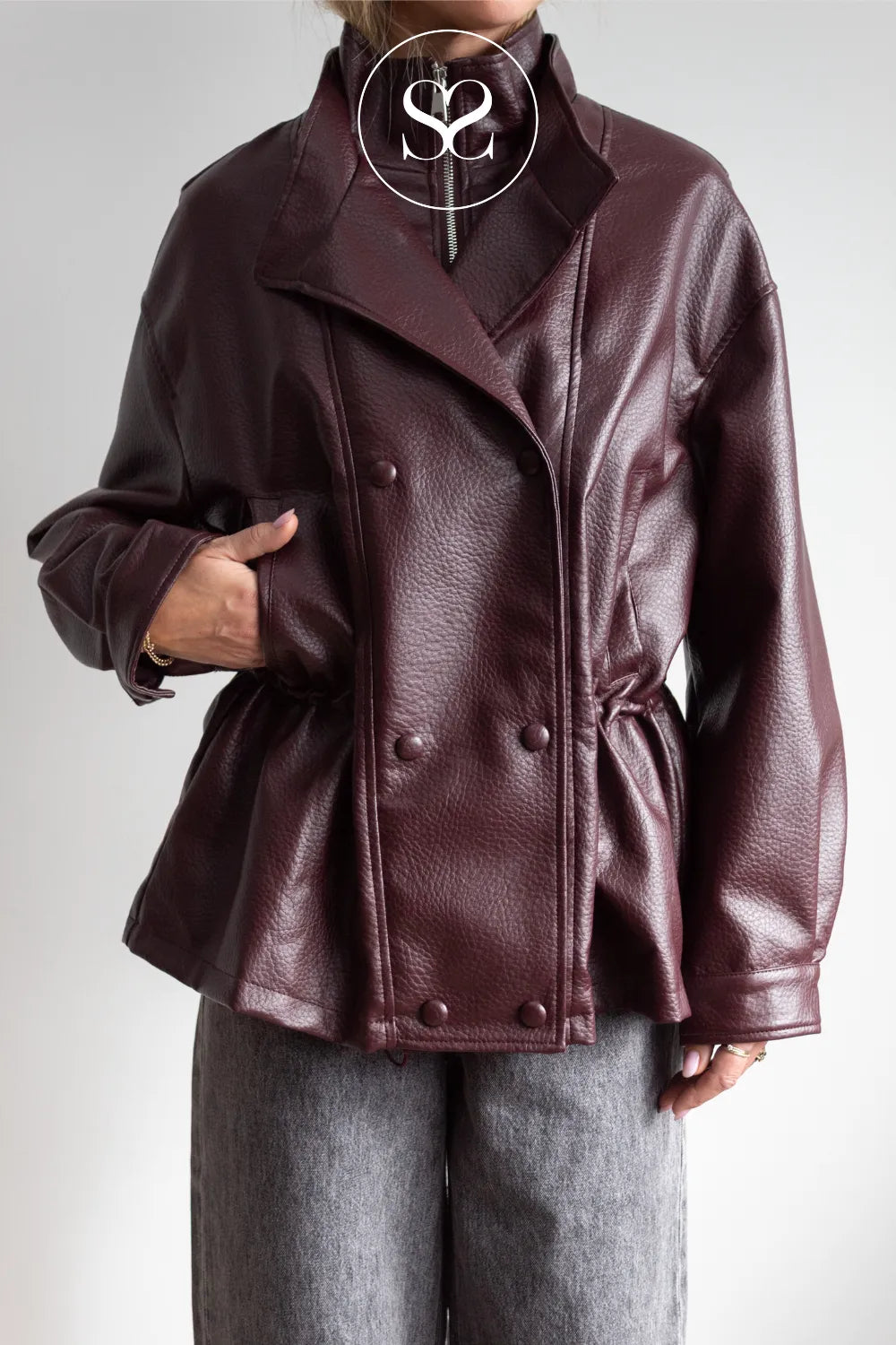 Burgundy Double Breasted Leather Jacket - CV2213