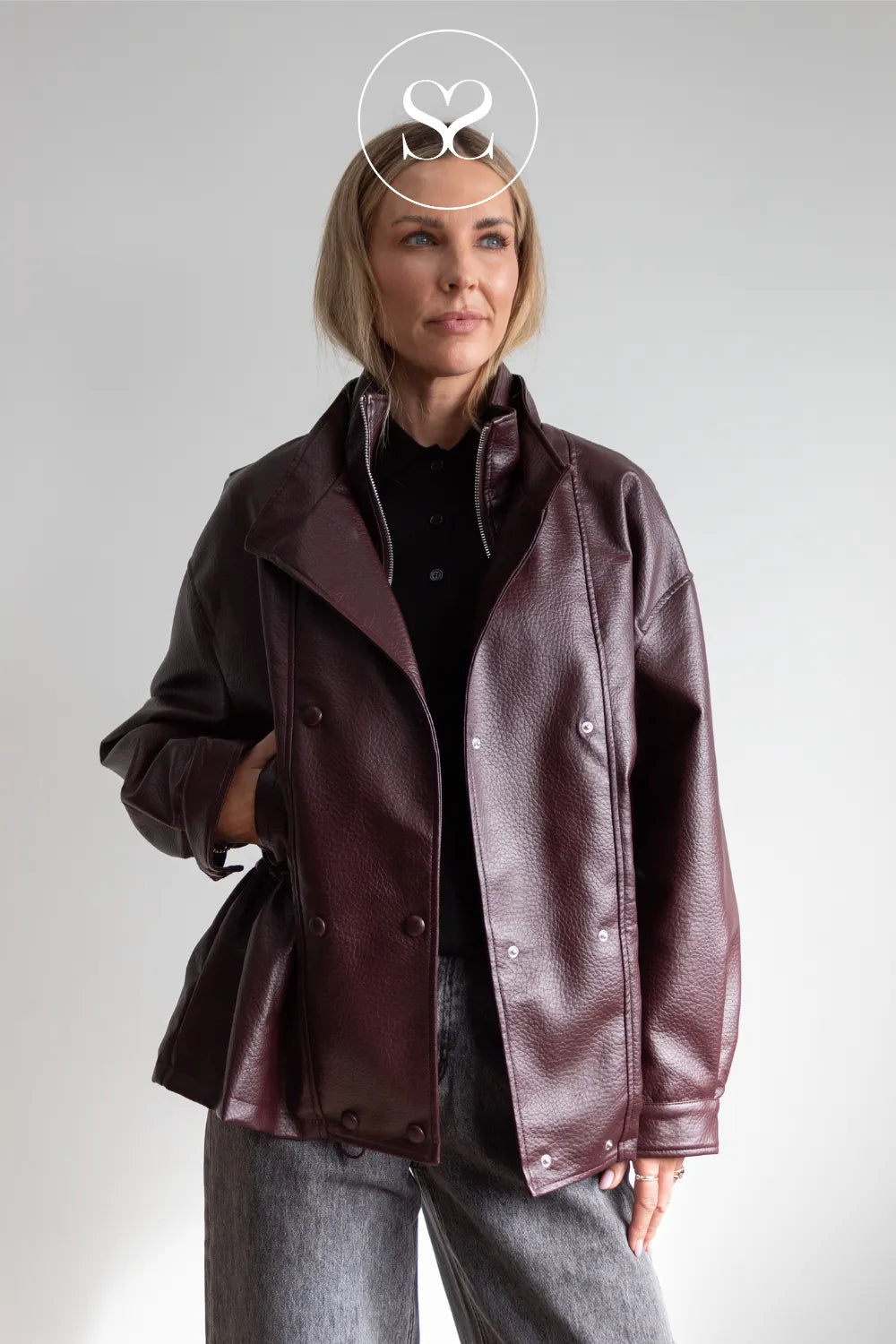 Burgundy Double Breasted Leather Jacket - CV2213