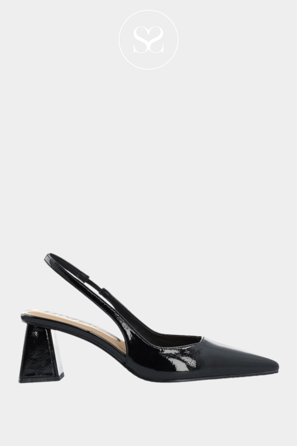 Bianco black patent pointed toe elasticated slingback high heels. Block heel for stability. Angular heel, cushioned sole, occasion shoe.