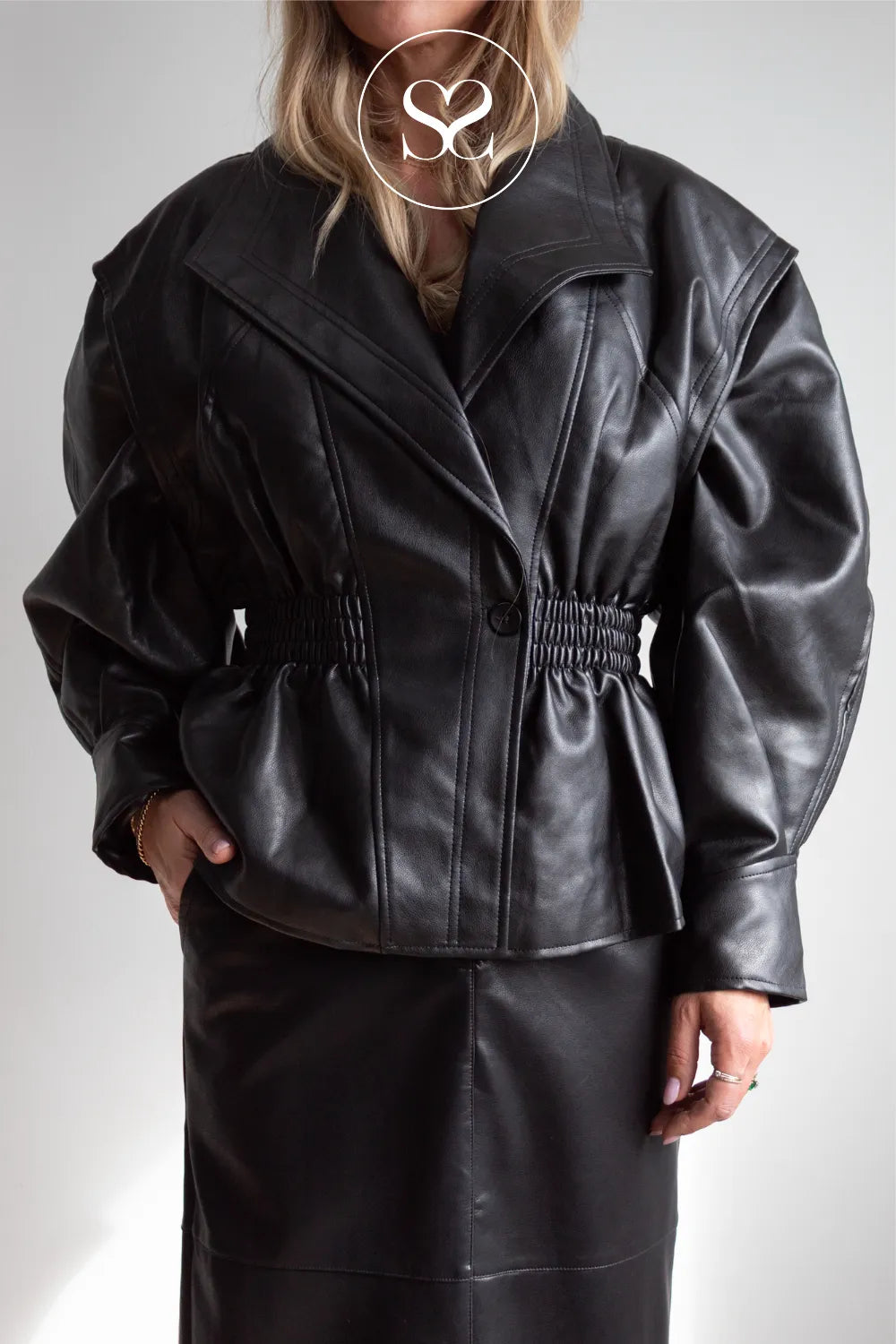 Black Waisted Leather Jacket - PU10331