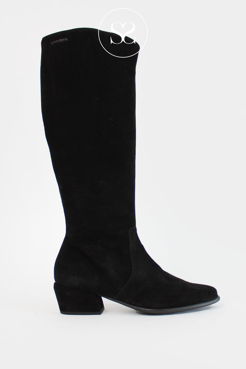 WONDERS BLACK SUEDE POINTED TOE KNEE HIGH BOOTS D-2003