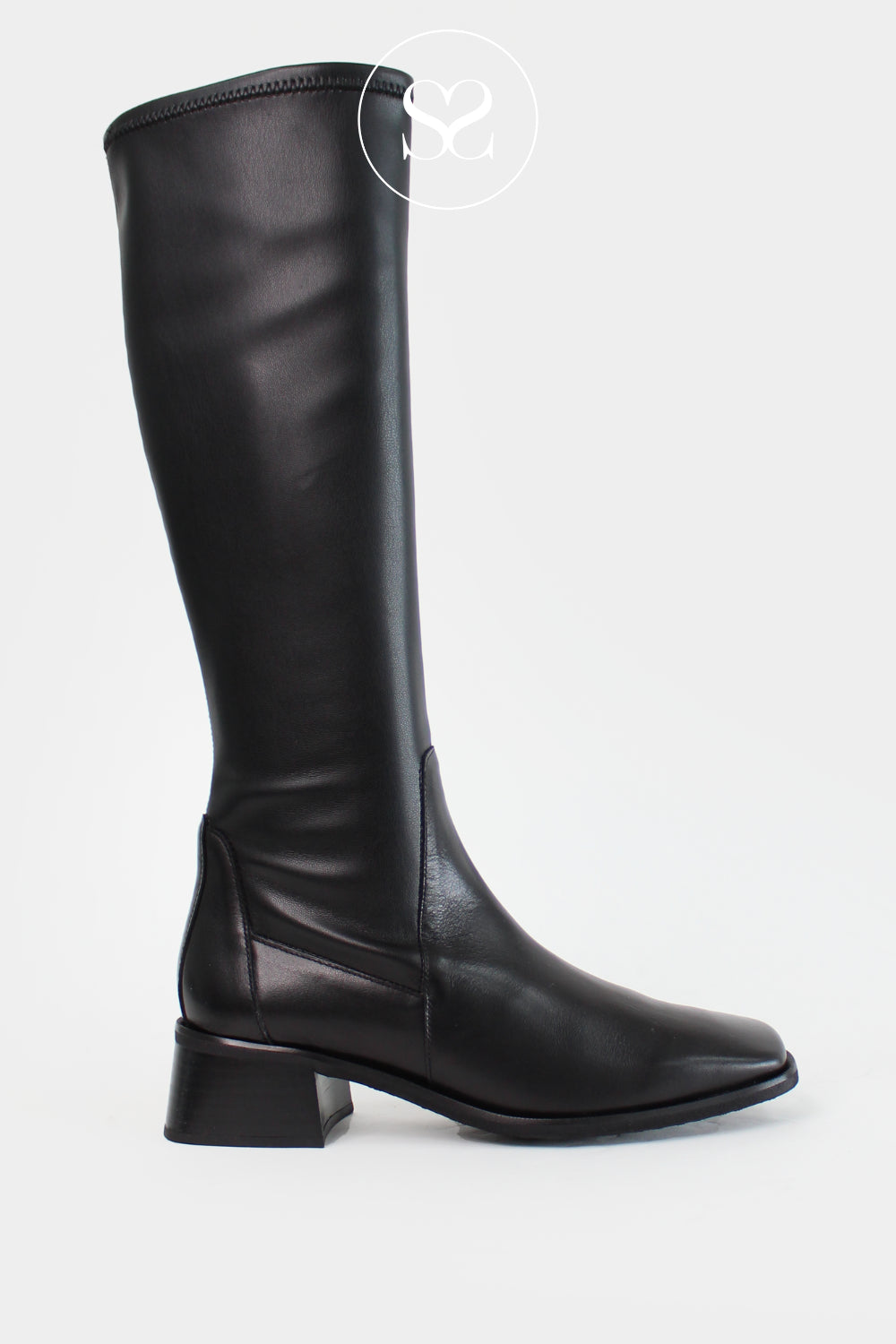 WONDERS BLACK STRETCH BLOCK HEEL KNEE HIGH BOOTS D-1603