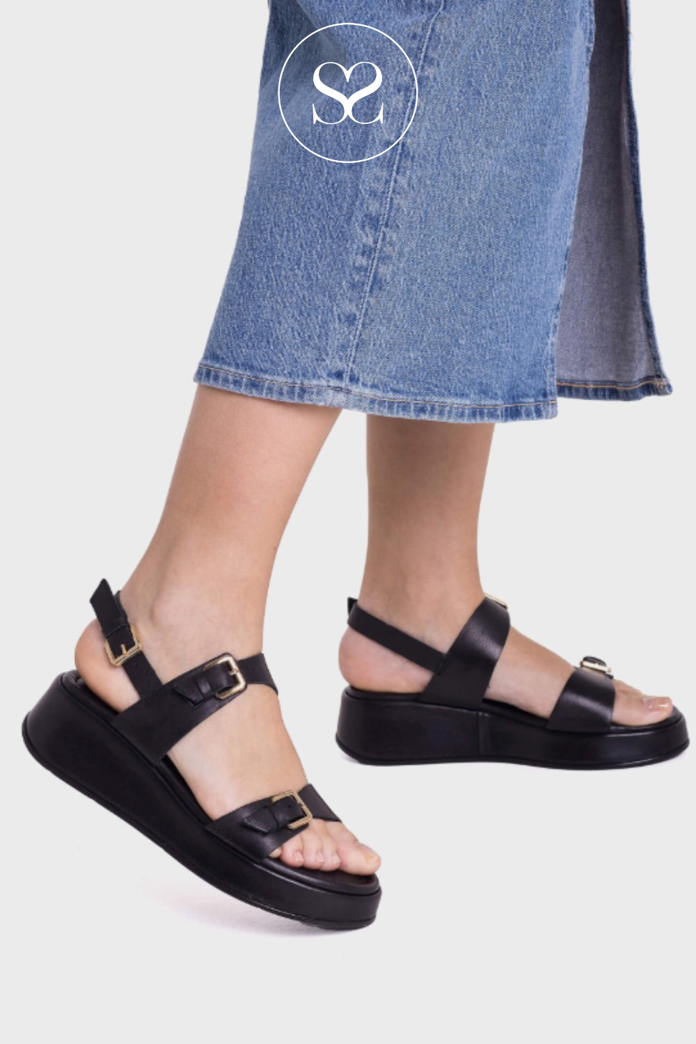 Wonders Black Wedge Sandals - AT-1057