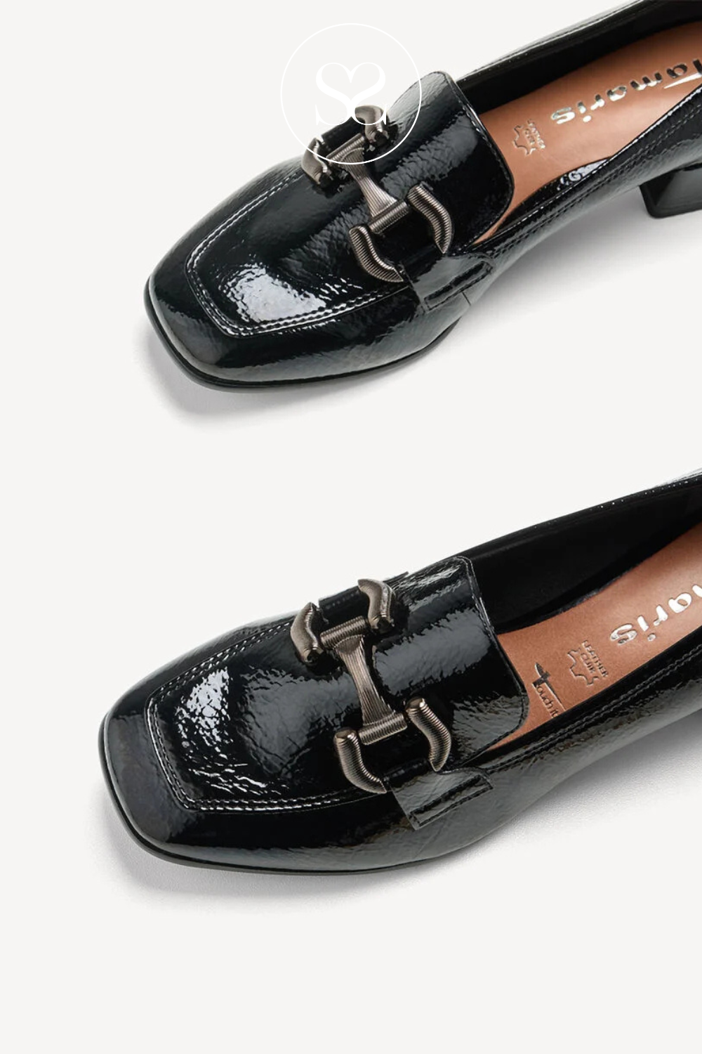 Tamaris black patent square toe loafer. Block heel, mid heel, chain detail, leather lined. Office shoe.
