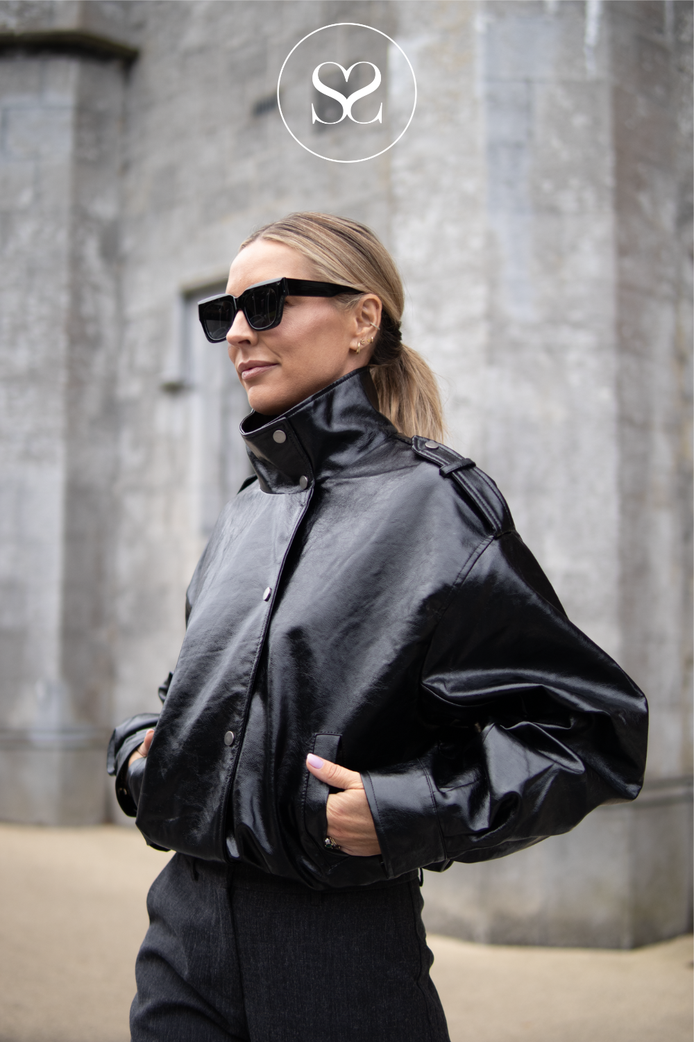 Black Faux Patent Leather with High Collar - CV2212