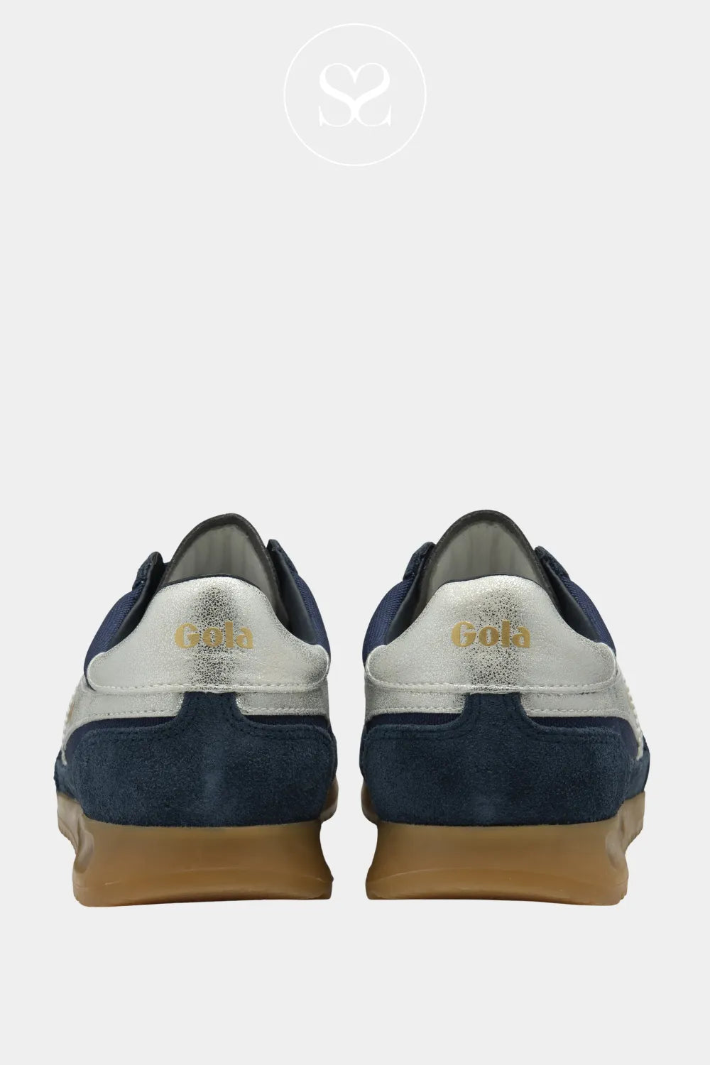GOLA TORNADO NAVY/SILVER GUM SOLE SNEAKERS FOR WOMEN WITH NAVY SUEDE HEEL AND SIGNATURE GOLD GOLA LOGO