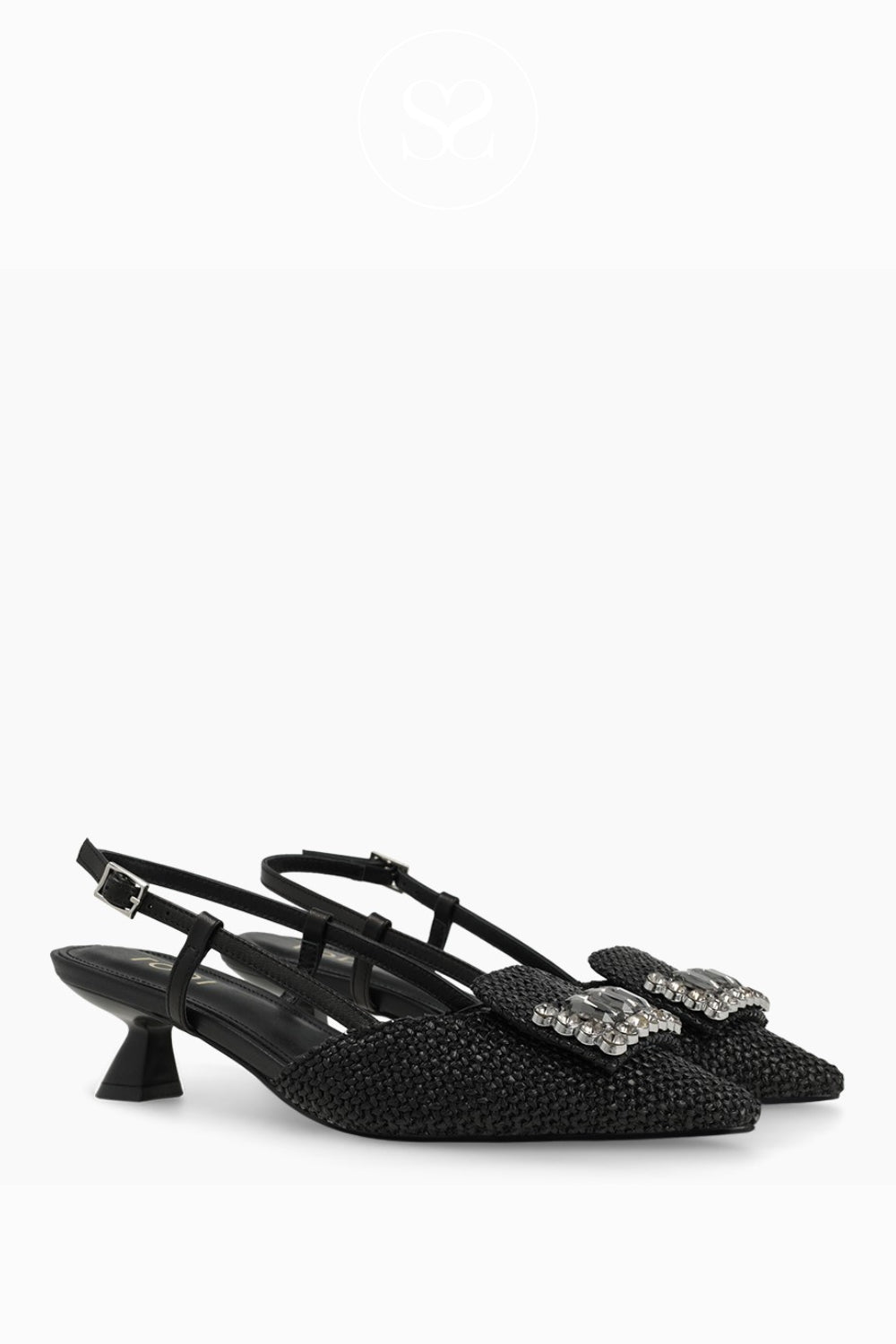 comfortable black slingback kitten heels with rhinestone details from Lodi