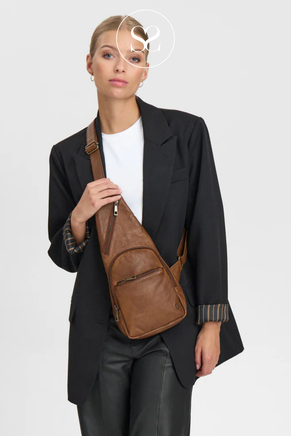 Woman wearing Depeche Brown Leather Crossbody Bumbag - 11304
