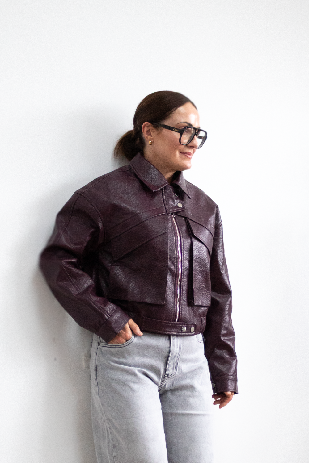 Burgundy Cropped Leather Jacket - L087C