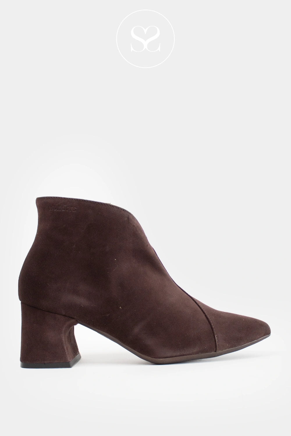 WONDERS BROWN SUEDE POINTED TOE BLOCK HEEL ANKLE BOOTS I-9013