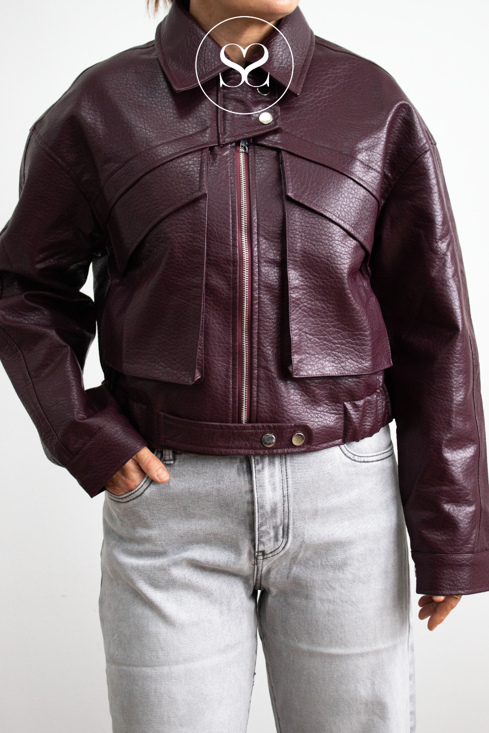 Burgundy Cropped Leather Jacket - L087C
