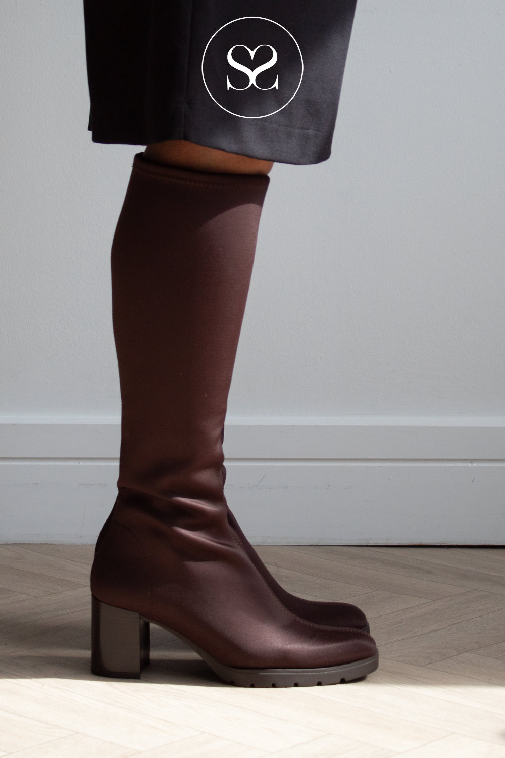 Miss Elastic Brown Lycra Knee High Sock Boots - 78173