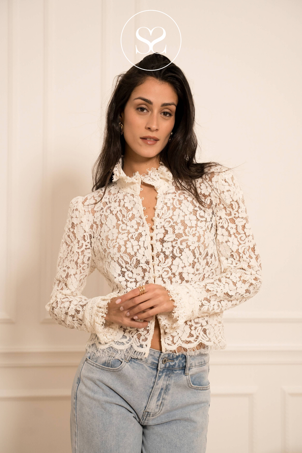 Cream Lace Blouse with Jewel Buttons — 81085