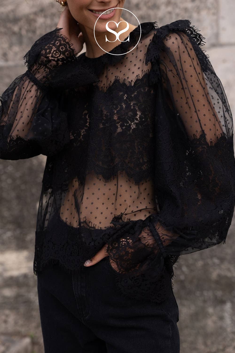 Black Lace Blouse with Collar — 80996
