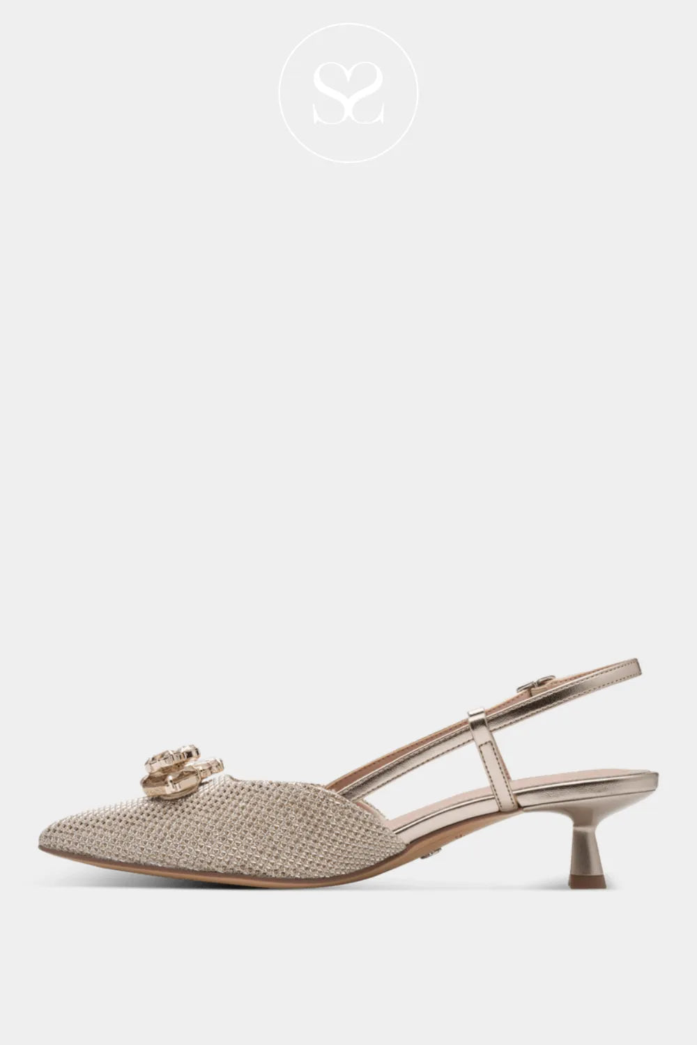 Low heel slingback pointed toe shoe with adjustable buckle. Textured woven pointed toe with gem stone front detail.