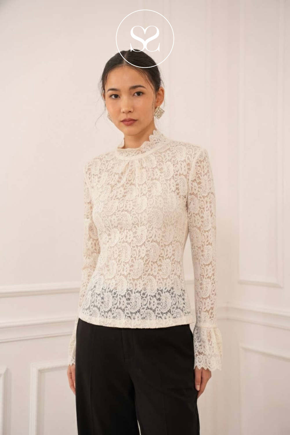 Cream High-Neck Lace Blouse — 81070