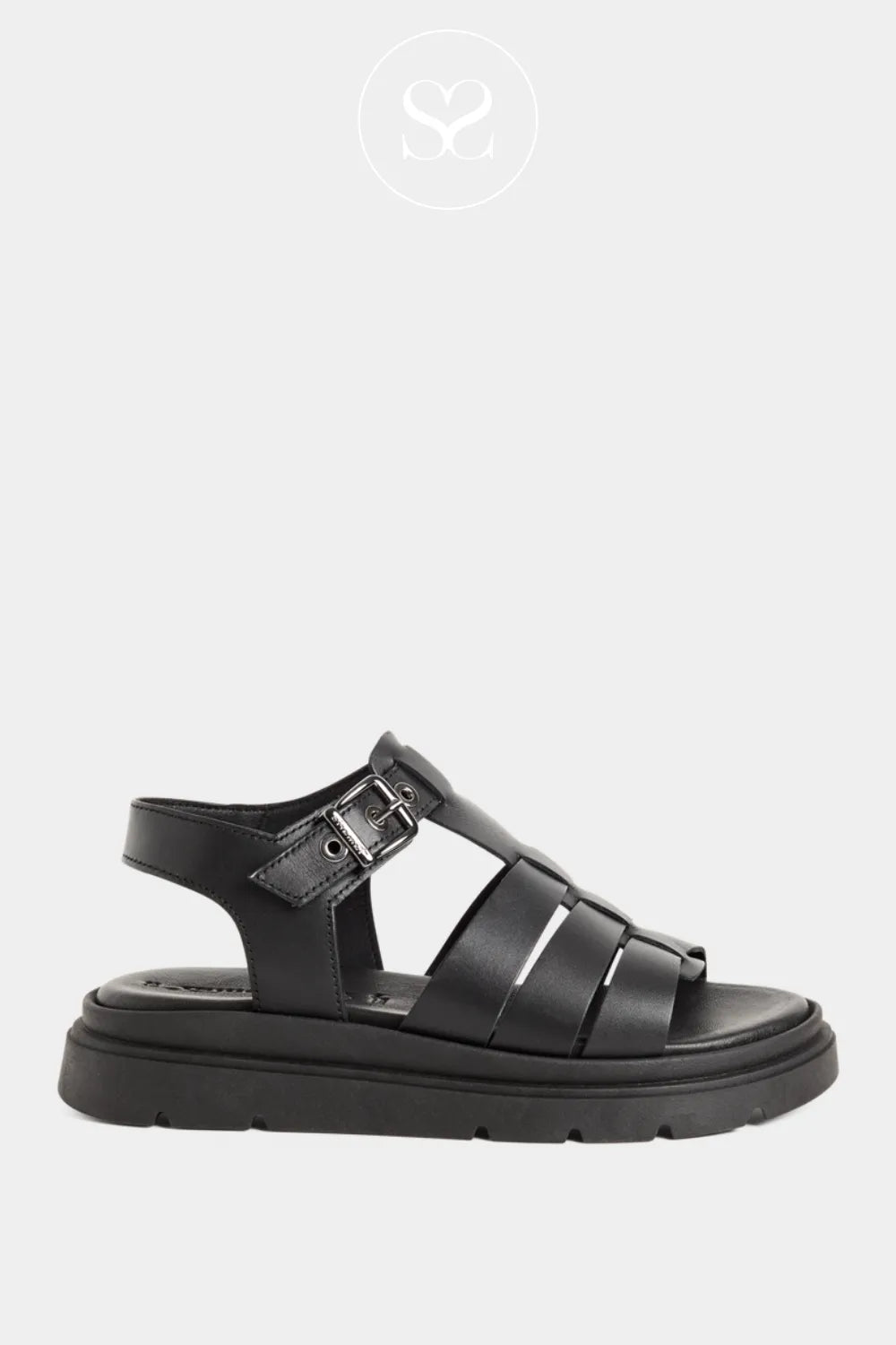 Tamaris black chunky sandals with adjustable ankle strap. Flatform sole with three straps across the foot.