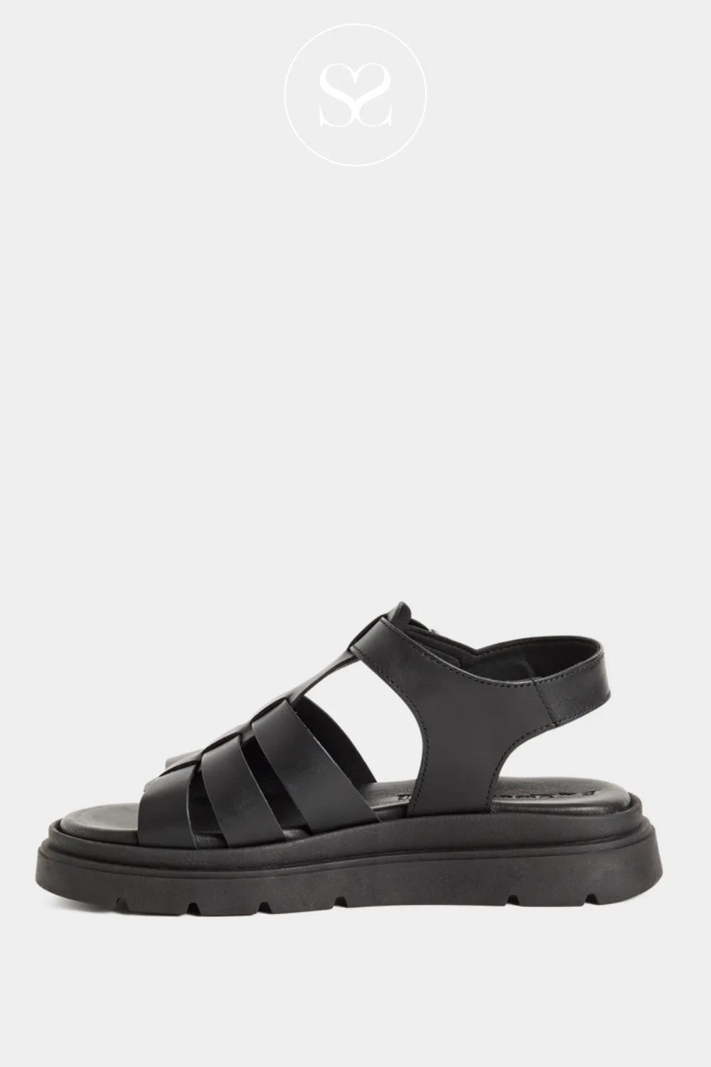 Casual black sandals with chunky sole and straps across the foot. Fuller coverage sandals with ankle strap, open toe and open heel. 