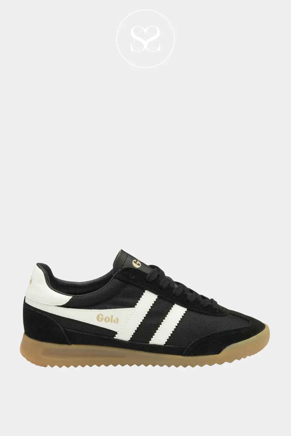 GOLA TORNADO BLACK LEATHER TRAINERS WITH GUM SOLE AND WHITE DETAIL 