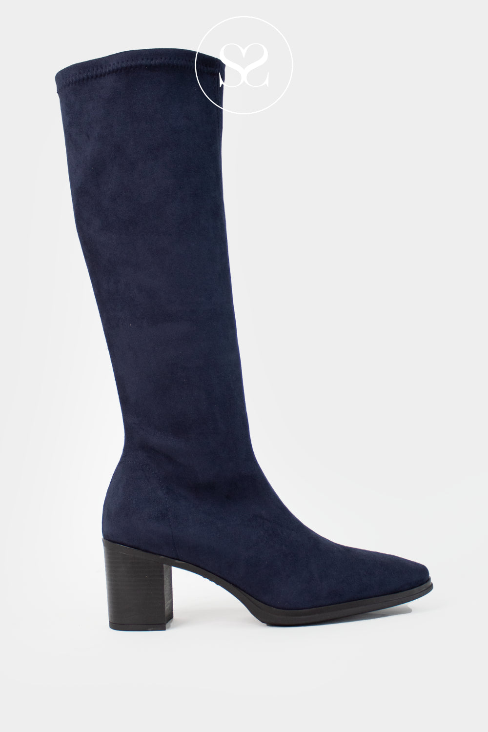 Miss Elastic Navy Suede Knee High Sock Boots - 78202