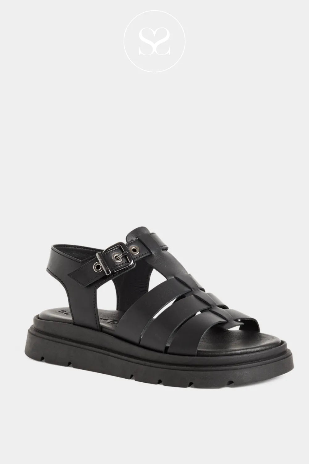 Black sandal with multiple straps.