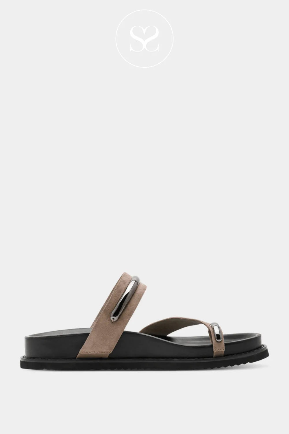 Tamaris black sandal with taupe suede strap ad toe piece. Silver hardware. Elevated arch support on  flat sole.