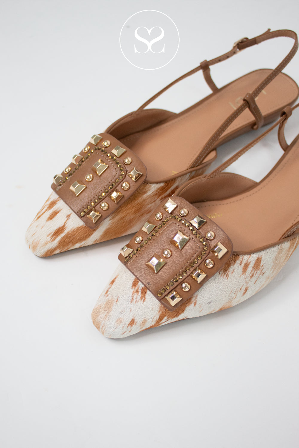Lodi Tan Cow Print Pointed Flats - A-Como