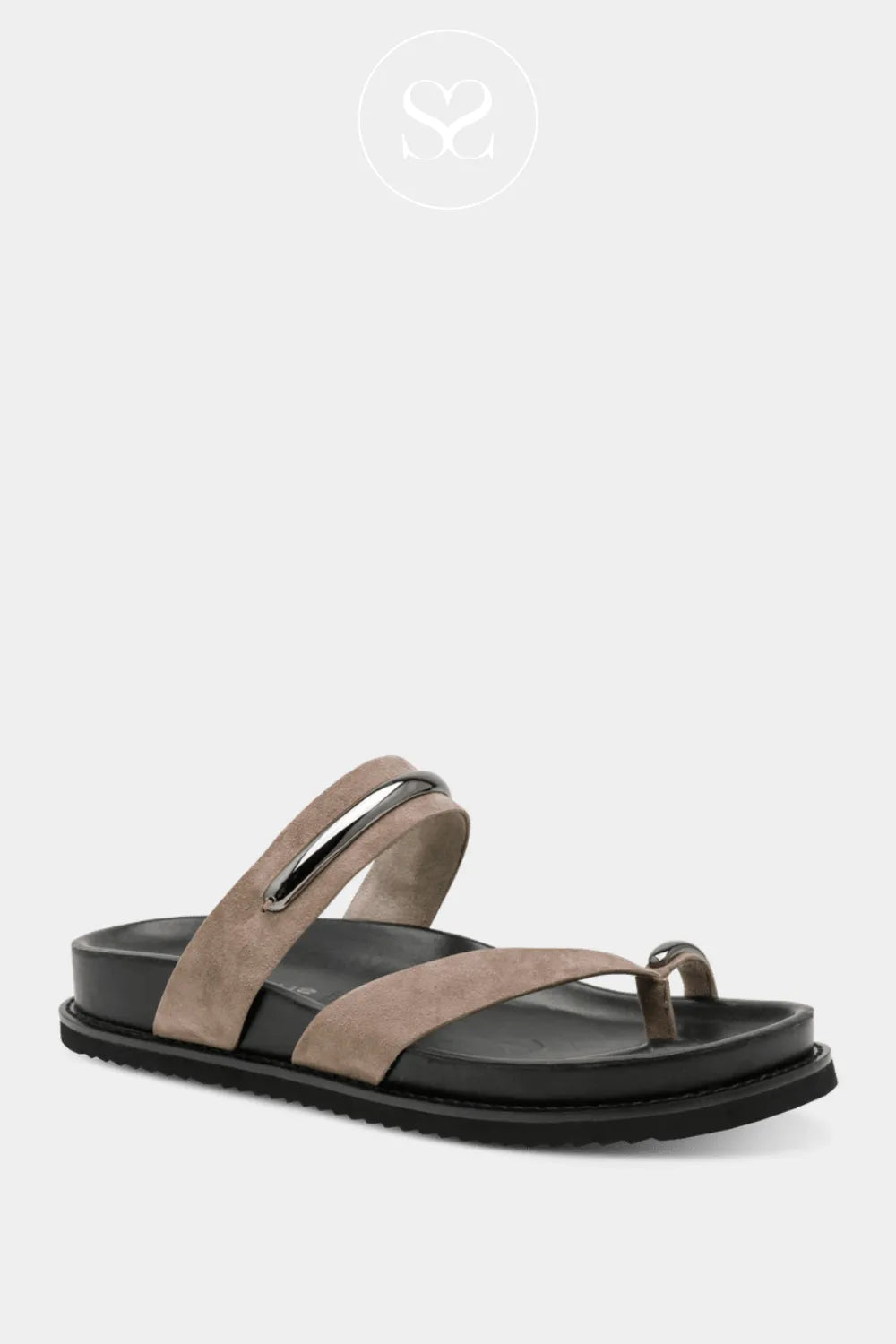 Comfortable slip on sandals. Taupe suede sliders with toe ring.