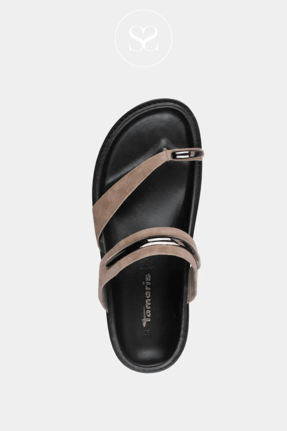 Taupe suede sliders.