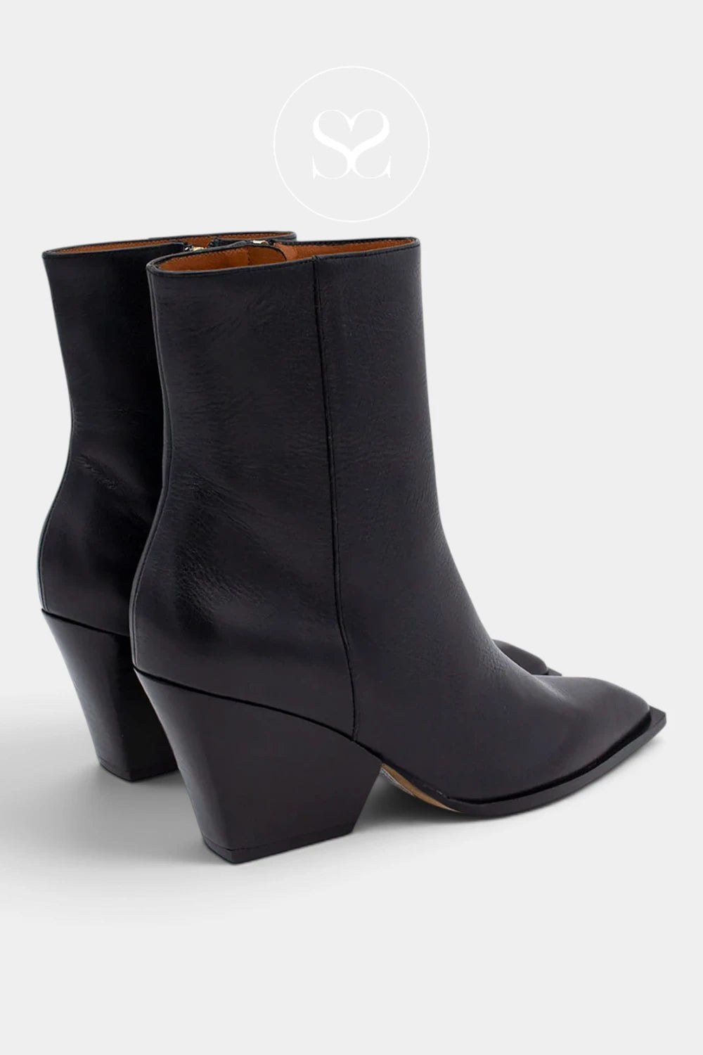 A pair of black leather ankle boots with pointed toes and chunky block heels, shown from a three-quarters rear angle on a light gray background.