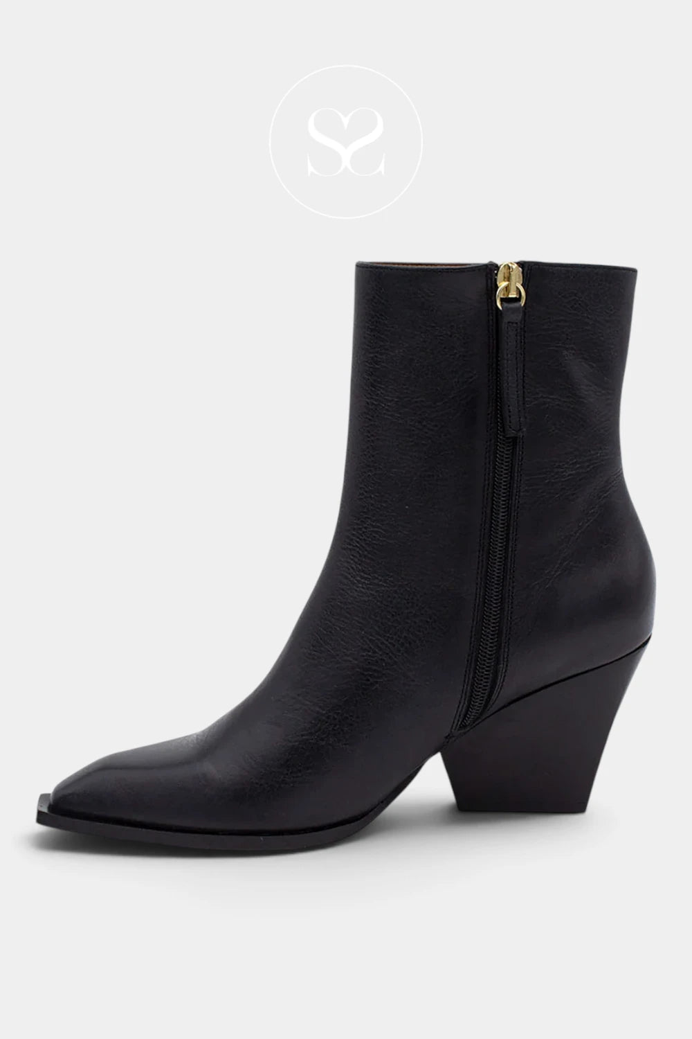 A black leather ankle boot with a pointed toe, a low block heel, and a side zipper with a gold pull tab, shown against a light gray background.