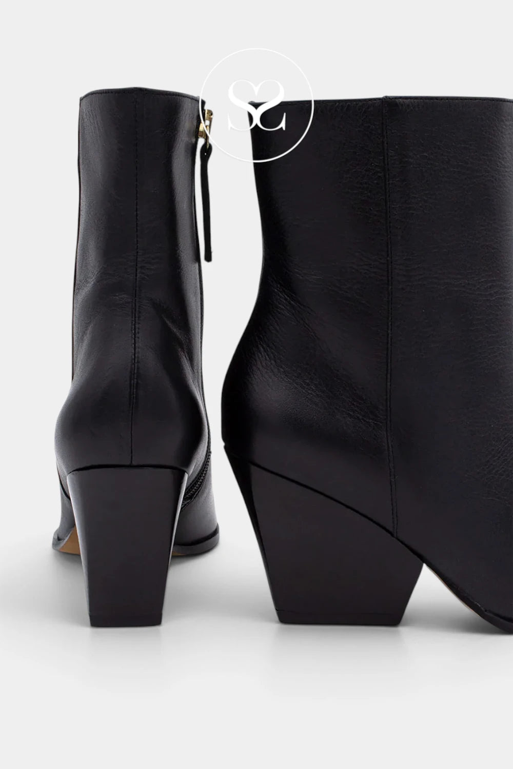 Black leather ankle boots with a block heel and side zipper, shown from the back and side on a light gray background.