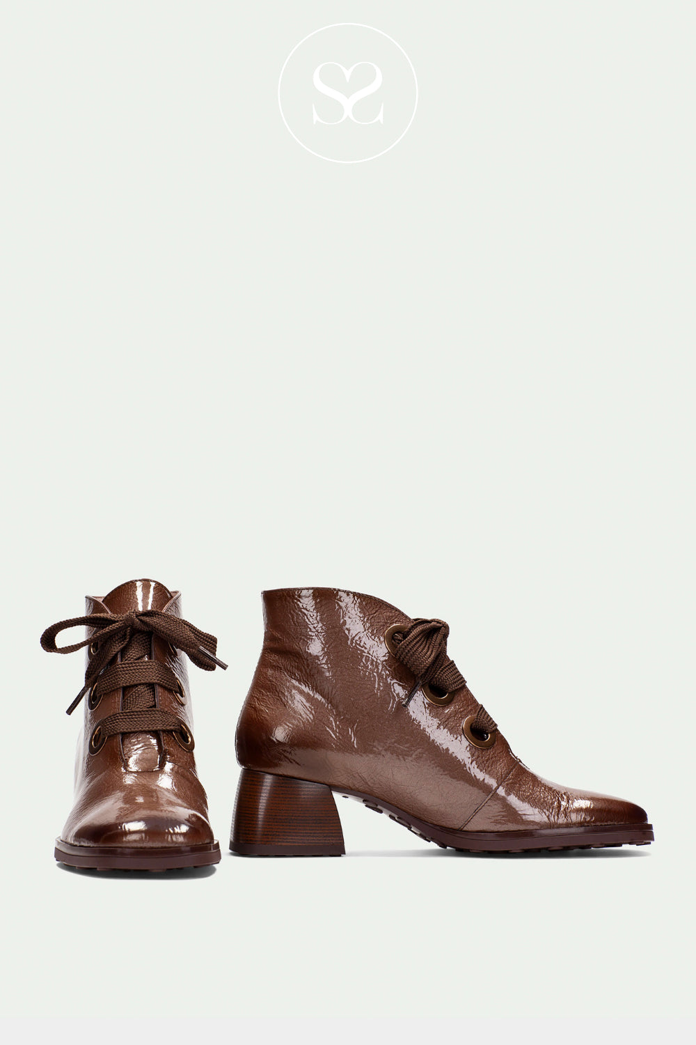 HISPANITAS BROWN PATENT LACE UP BLOCK HEEL ANKLE BOOTS - HI254326