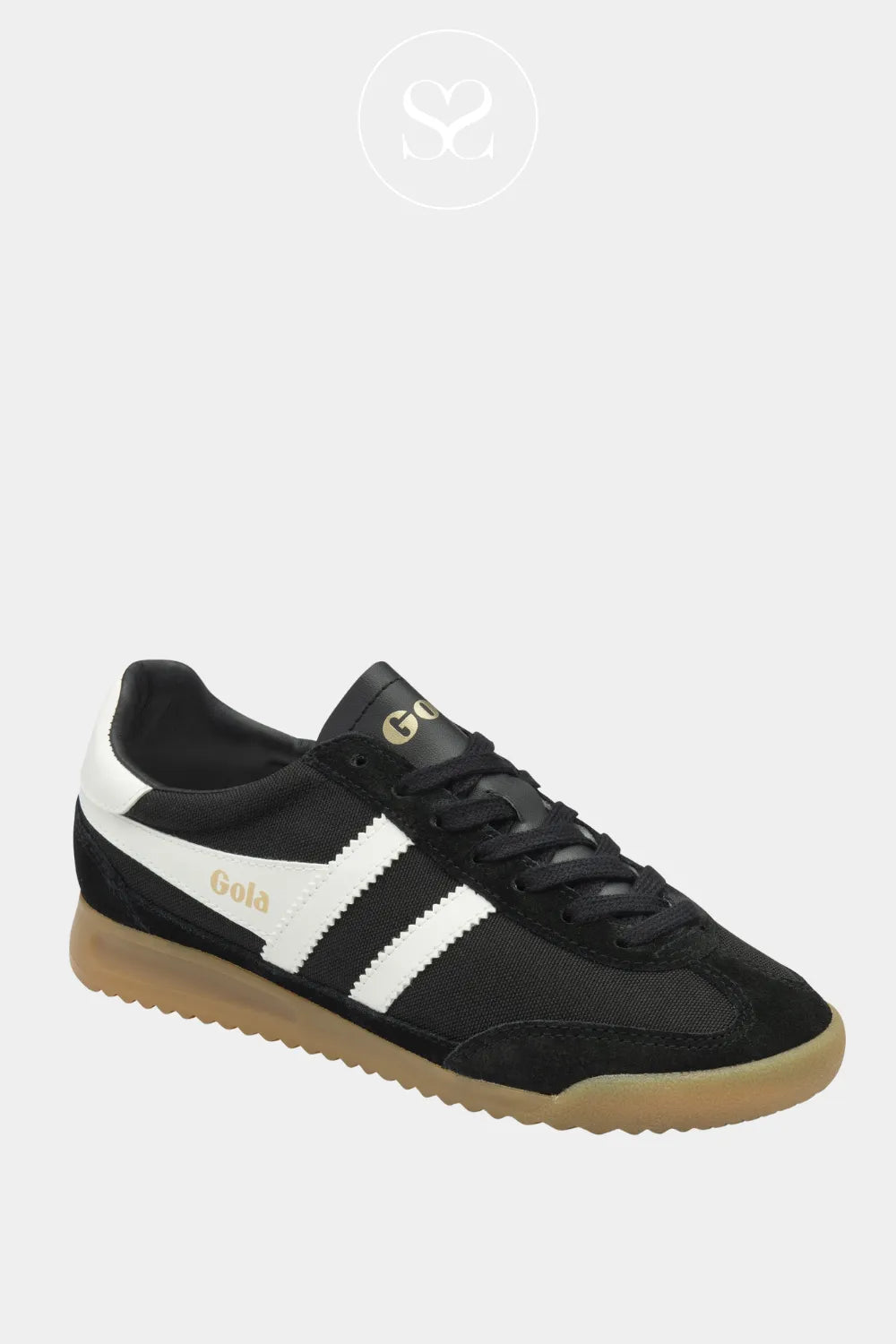 GOLA TORNADO BLACK/WHITE SPORTY STYLE GUM SOLE LACE UP TRAINERS WITH T-SHAPE SUEDE TOE CAP DETAIL 