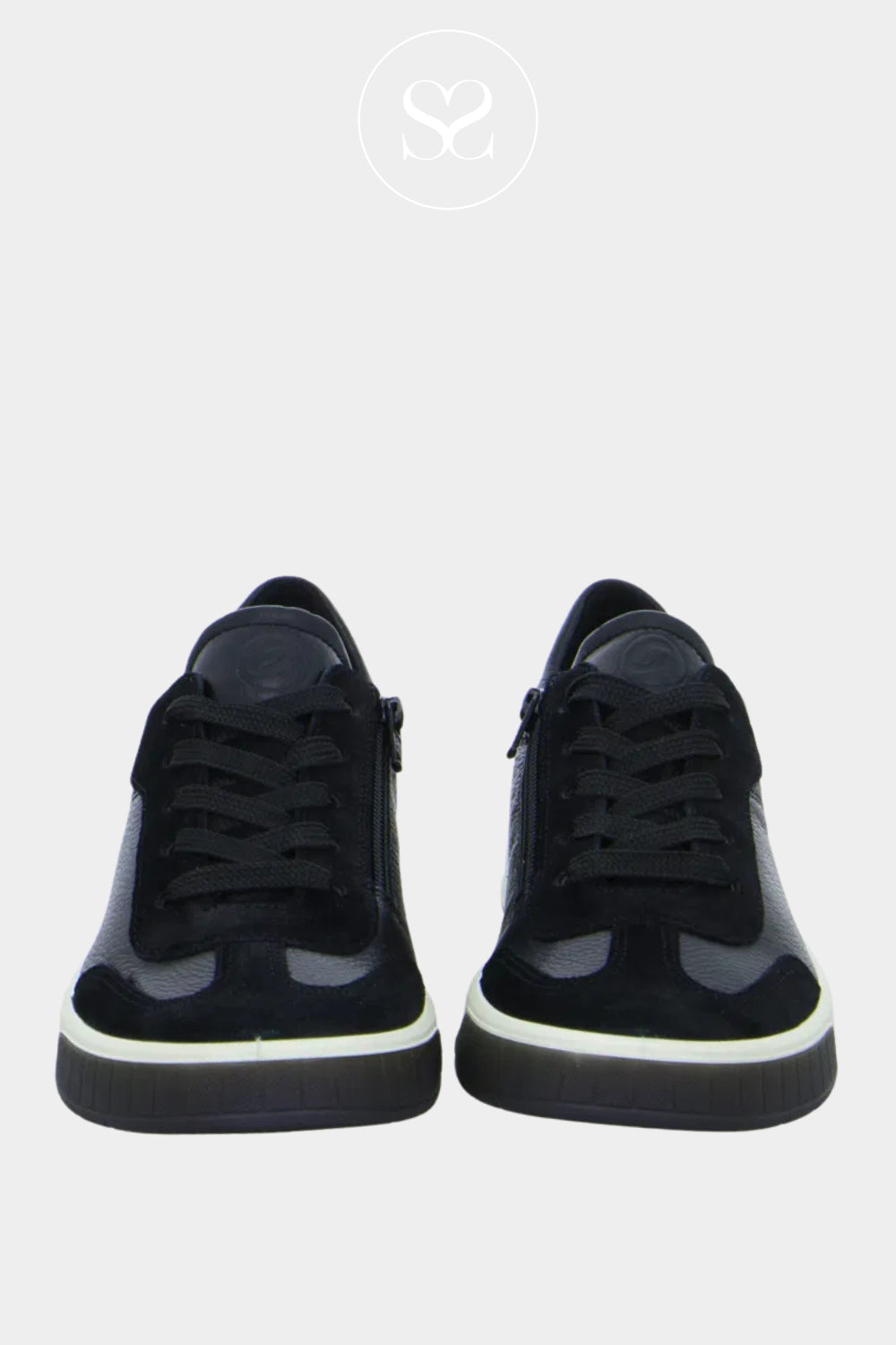 Black sneakers with a white sole on a light grey background - Ara shoes Ireland