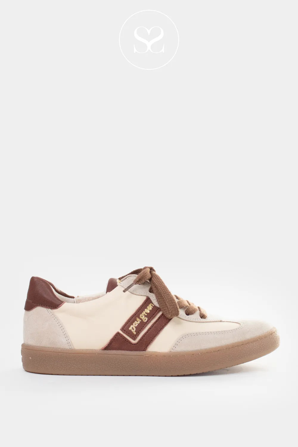 Paul Green cream/brown retro style trainers 5437 Lace-up design trainers with stylish brown laces and gold branding 