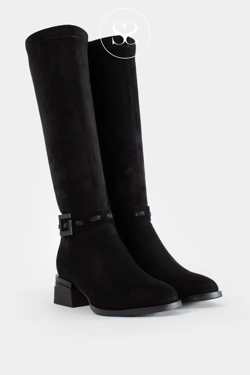 LORETTA VITALE BLACK SUEDE SLOUCH FIT KNEE HIGH BOOTS C3893 FOR WOMEN WITH SOFT ROUNDED TOE AND BLOCK HEEL