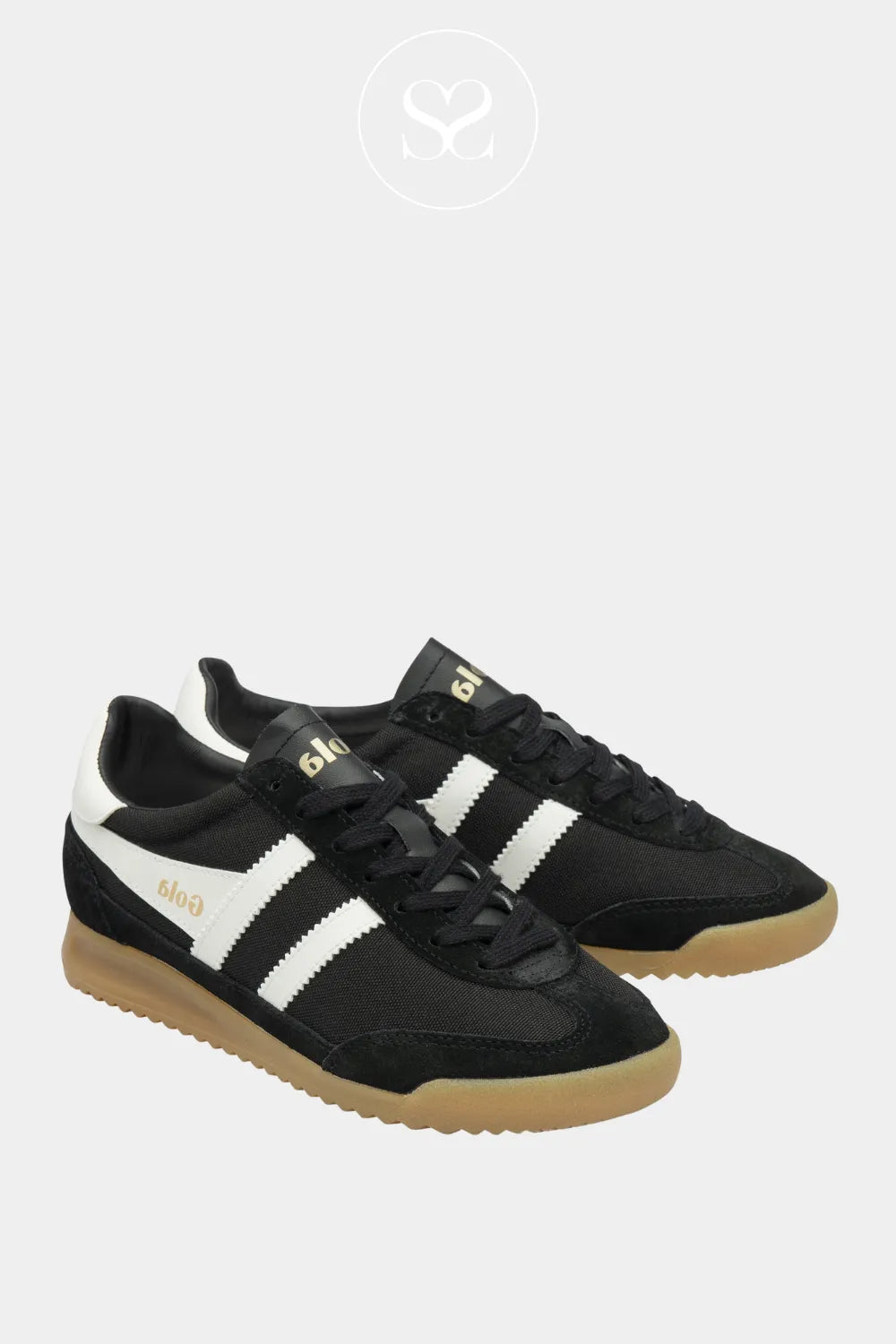 GOLA TORNADO BLACK LEATHER TRAINERS WITH WHITE STRIPE DETAILS AND BLACK SUEDE TOE CAP 