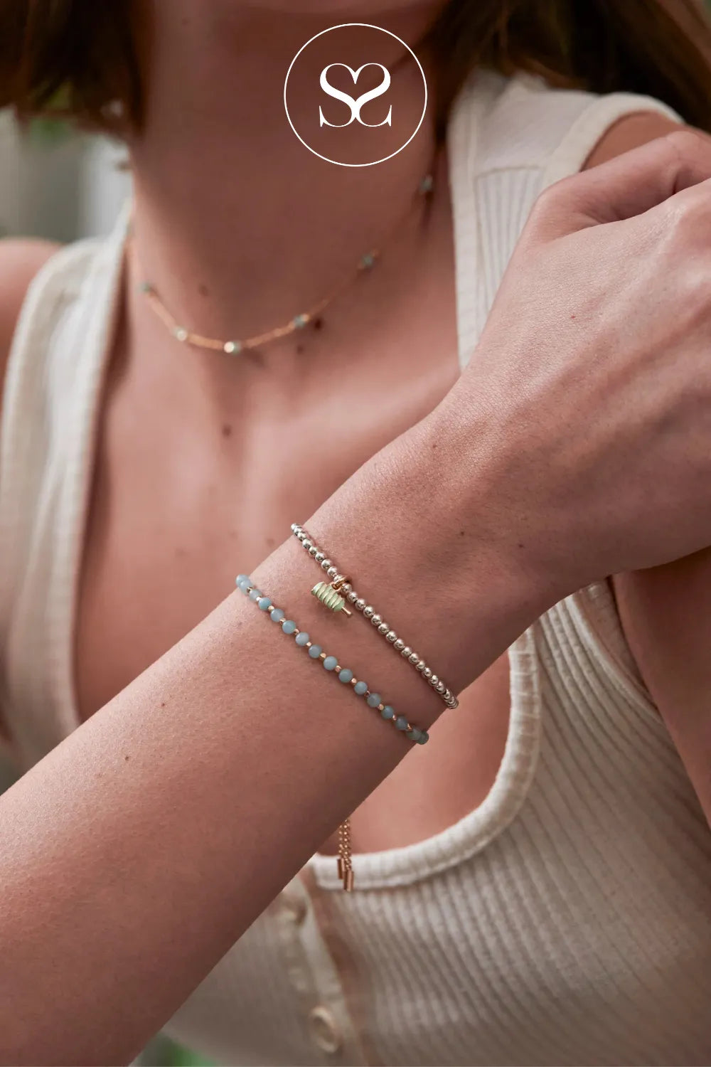 ESTELLA BARTLETT AMELIA GOLD PLATED AMAZONITE WELLNESS BRACELET EBB6863G  Adjustable chain (20.8 cm) with a secure slider fastening for a perfect, comfortable fit 