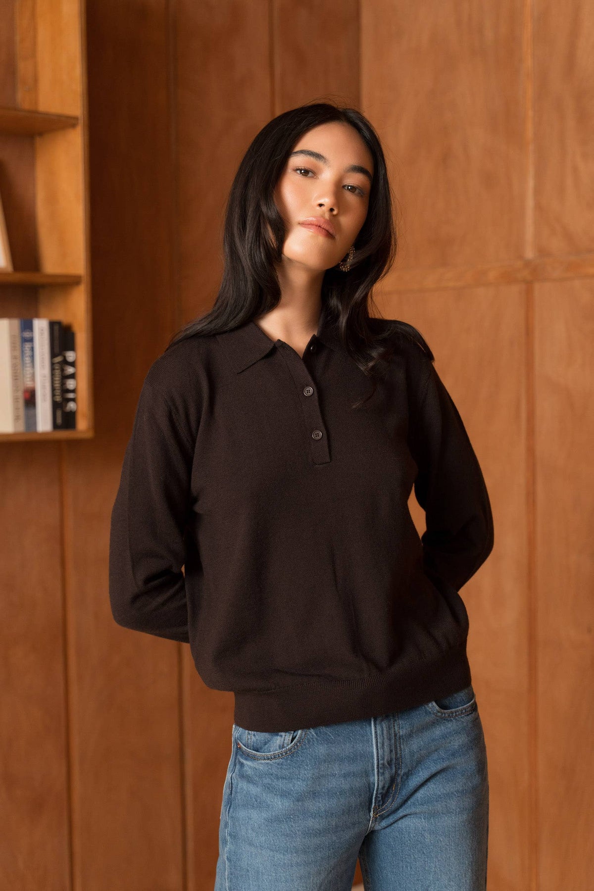 Brown Merino Wool Long Sleeve Polo - ME202616L