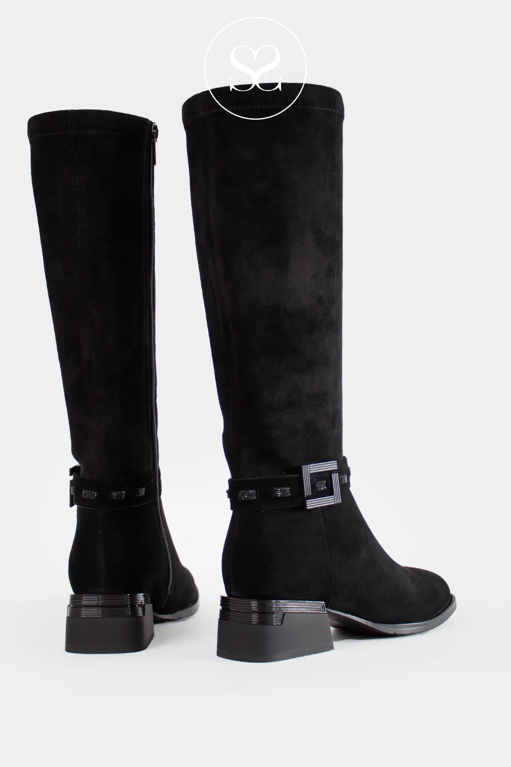 LORETTA VITALE BLACK SUEDE SLOUCH FIT KNEE HIGH BOOTS C3893 FOR WOMEN WITH TRENDY METALLIC STRAP BUCKLE DETAIL 