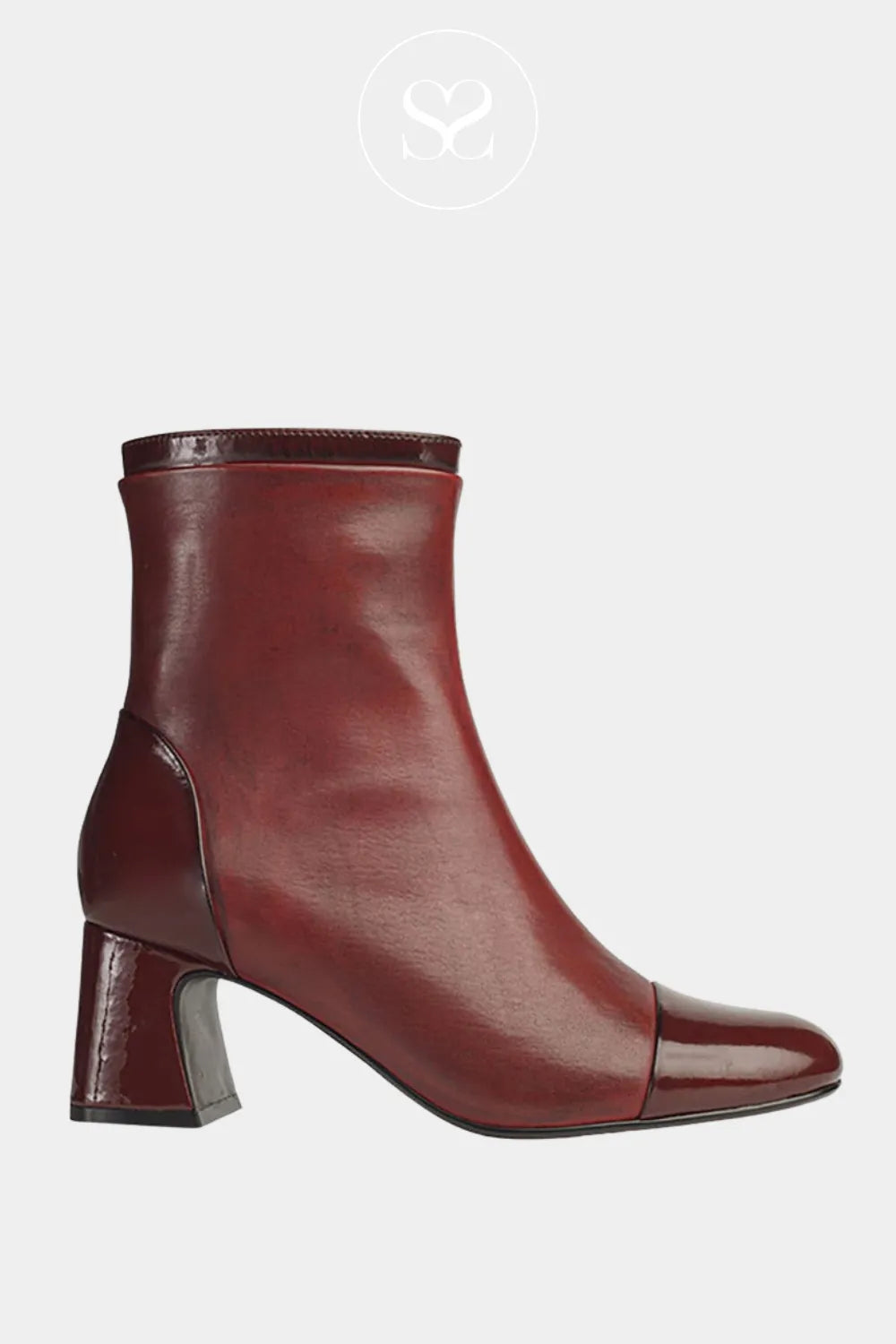 REGARDE LE CIEL WINE LEATHER ANKLE BOOT FOR WOMEN MYA-01 WITH WINE PATENT TOE CAP AND BLOCK HEEL DETAIL